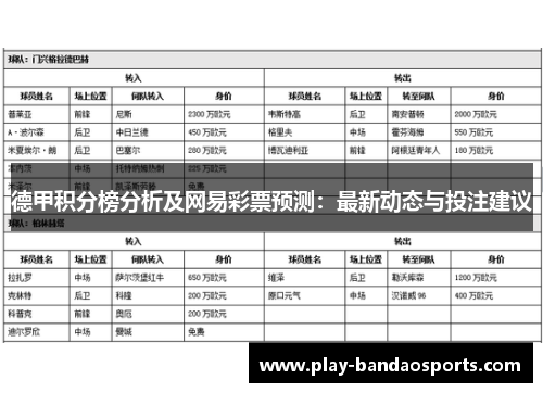 德甲积分榜分析及网易彩票预测：最新动态与投注建议