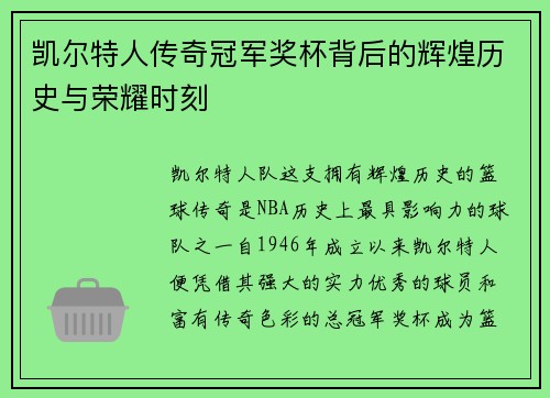 凯尔特人传奇冠军奖杯背后的辉煌历史与荣耀时刻